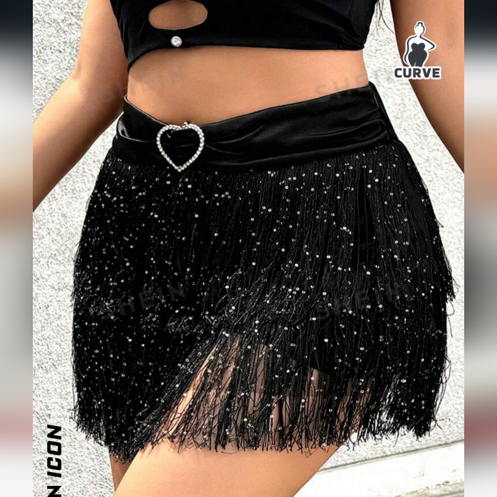 SHEIN ICON Plus Size Fashion Fringe Sequin Skirt For Club & Music Festival